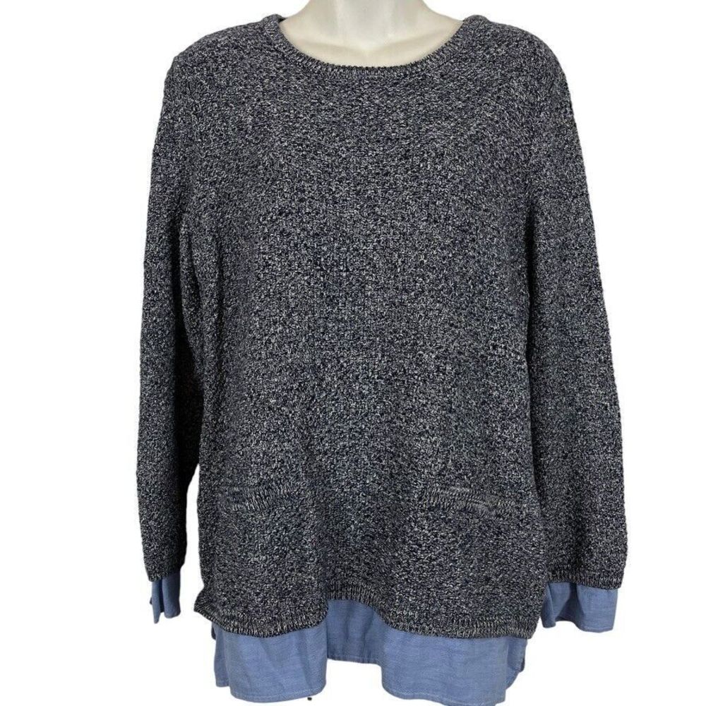 Talbots Navy Marled Crew Sweater with Light Blue Chambray Hem